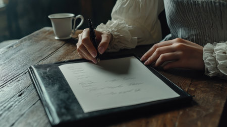 Hands are elegantly holding a fine black pen as they write on a blank sheet of paper inside a stylish leather folder. A calming environment features a wooden table and soft natural light.の素材