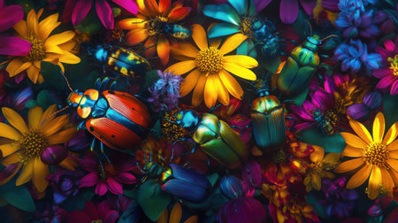Colorful beetles move across a lively flowerbed, showcasing a vibrant palette of blooming flowers. The scene captures the essence of a warm spring day in full bloom.の素材