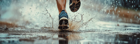 A runner energetically navigates a rain-soaked marathon course, splashing through puddles. The dynamic atmosphere captures movement and excitement across a watercolor backdrop.の素材