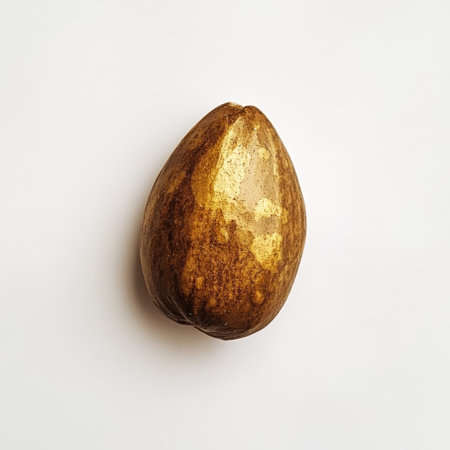 A single roasted almond is placed on a clean white surface, displaying its golden-brown hue and smooth texture, inviting exploration of its nutty flavor.の素材