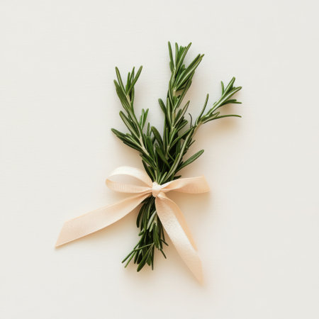A fresh sprig of rosemary, vibrant and fragrant, is elegantly tied with a soft ribbon. This charming detail adds sophistication and is perfect for culinary applications and decoration.の素材