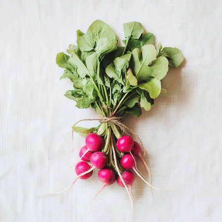 A bundle of freshly harvested radishes is tied with twine, displaying their vivid red color and bright green leaves. The arrangement highlights the freshness of the produce.の素材