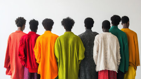 Eight individuals stand united, facing away, each adorned in bright and colorful garments. Their unique outfits reflect a blend of creative fashion and cultural expression at a contemporary event.の素材