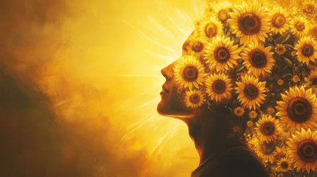 A man's profile is depicted with vibrant sunflowers blossoming in his hair, illuminated by a golden warm glow. This artwork conveys a sense of peace and connection to nature.の素材