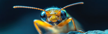 This macro shot reveals the mesmerizing details of a firefly's face, highlighting its large eyes and delicate antennae in a natural setting during dusk.の素材