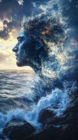 A stunning representation blends a man's profile with turbulent ocean waves, capturing the essence of nature's power. The sky transitions to dusk, adding an ethereal glow to the scene.の素材
