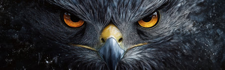 Focusing on the intense gaze of a hawk, this close view captures the vivid orange eyes and razor-sharp beak. The textured feathers add depth, highlighting the bird's powerful presence.の素材