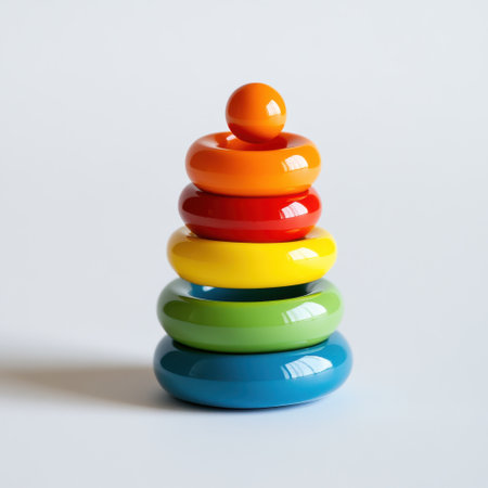 Brightly colored stacking rings encourage toddlers to practice their motor skills while playing. The vibrant design captivates young minds and promotes learning through play.の素材