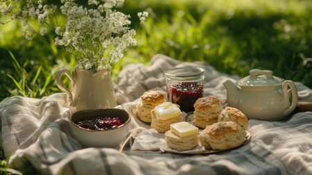 Enjoy a beautifully arranged morning picnic featuring fresh-baked biscuits, homemade jam, and delicate flowers in a serene green landscape. A cozy table setting invites relaxation.の素材