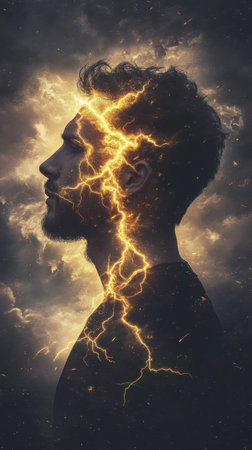 A man's silhouette stands against a darkened sky, crowned by a striking display of lightning. The scene creates a mystical feel, blending stormy elements with a powerful aura.の素材