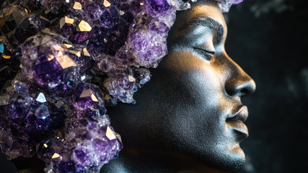 A striking profile of a man is filled with amethyst crystals, showing the beauty of geological formations. The artwork captures a blend of mysticism and elegance, inviting contemplation.の素材