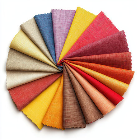 A vibrant assortment of fabric swatches displayed in a fan shape showcases various colors and textures, ideal for design projects, crafting, and interior decoration.の素材