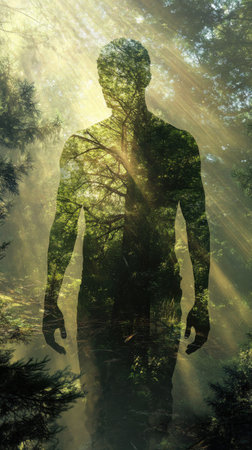 Silhouette of a man stands peacefully amidst a vibrant forest. Sunlight streams through the trees, casting a serene glow and highlighting nature's beauty.の素材