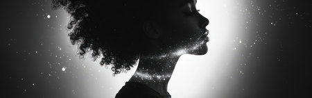 A woman stands quietly, her profile illuminated with a shimmering glow that evokes a cosmic atmosphere. The contrasting tones highlight her graceful features, creating a serene moment.の素材