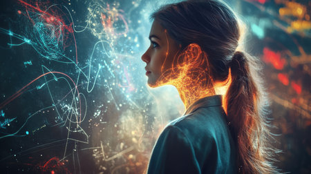 A teacher stands serenely in a dynamic classroom, surrounded by bright illustrations and concepts, radiating passion for education and engagement with students' minds.の素材