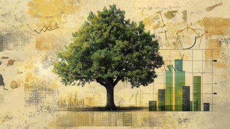 A thriving tree stands prominently, representing growth and sustainability. Behind it, abstract financial graphs illustrate the interconnection between nature and economic progress.の素材