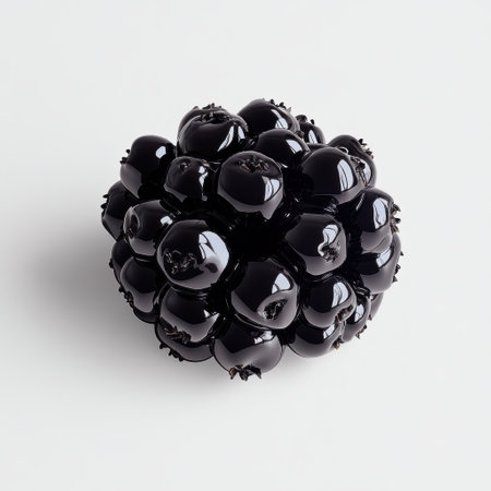 A single shiny blackberry displays its juicy, plump drupelets, reflecting light beautifully. The fruit stands out against a soft neutral background, emphasizing its rich black color.の素材