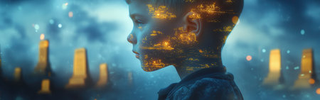 A child's profile is depicted with a serene expression, surrounded by a dreamlike landscape filled with glowing lights and outlines of distant structures, evoking a sense of wonder and curiosity.の素材
