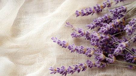 Delicate clusters of lavender lie gracefully on a textured burlap surface, blending soft pastel tones that evoke a sense of tranquility and natural beauty.の素材
