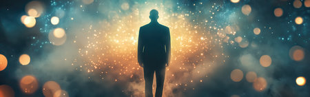 A man stands confidently with a glowing aura, immersed in a cosmic realm filled with vibrant lights. The background features swirling colors and a starry sky during twilight.の素材