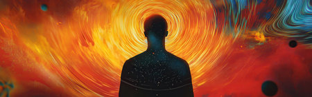 A man's silhouette stands against a vibrant cosmic vortex, suggesting deep thought and exploration of the universe. The colors swirl dramatically, creating an otherworldly atmosphere.の素材