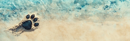 A paw print is imprinted in the soft sand, surrounded by glistening blue water. The scene captures a moment of wildlife interaction with nature on a sunny day.の素材