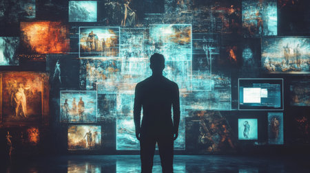 A man's silhouette stands in a contemporary gallery, mesmerized by digital displays showing various artworks. The environment blends technology and creativity seamlessly.の素材
