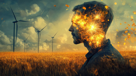 A man's profile radiates light and creativity in a golden field, with wind turbines standing tall in the distance under a dramatic sky filled with clouds.の素材