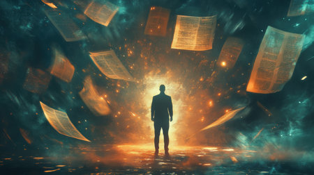 A man stands in a mystical space, illuminated by glowing pages swirling around him. The vibrant colors and ethereal light create an atmosphere of imagination and discovery.の素材