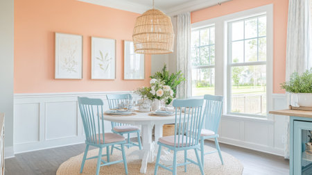 Bright dining area showcases pastel blue chairs around a white table, adorned with floral centerpieces. Natural light pours in through large windows, creating an inviting atmosphere.の素材