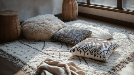 A serene nook features patterned floor cushions and soft textures, creating a perfect space for relaxation. Warm sunlight filters in, enhancing the inviting atmosphere.の素材
