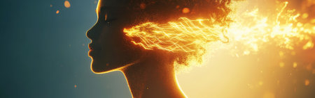 A woman with an ethereal glow emanates from her profile, showcasing vibrant energy and warmth. The setting captures a mystical ambiance, enhancing the surreal effect on her silhouette.の素材