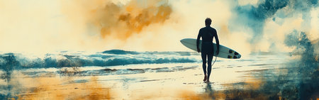 A surfer walks along the shoreline during sunset, carrying a surfboard. The vibrant watercolor backdrop captures the essence of a serene outdoor experience by the ocean.の素材
