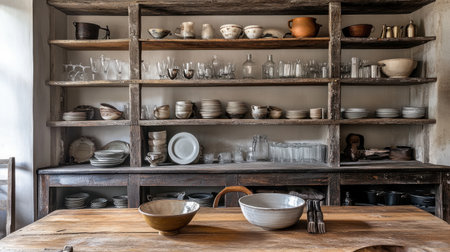 This cozy dining area showcases rustic open shelving filled with dishware, glassware, and pottery against a warm wood backdrop. A wooden table is ready for gatherings.の素材
