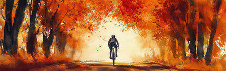 A cyclist enjoys a peaceful ride along a forest path during autumn. The trees display vivid orange and red foliage as leaves gently fall, creating a picturesque atmosphere.の素材