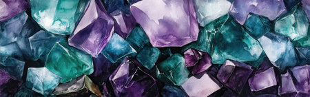 Layers of vivid watercolor hues create a captivating portrayal of emerald and purple crystals. The harmonious blend of colors evokes a sense of natural beauty and artistry.の素材