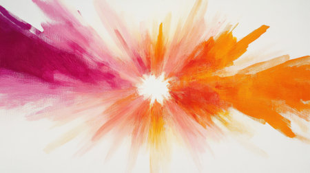 Striking strokes of amber and pink radiate outward from a central point, creating a vivid burst of color against a clean background. The composition embodies a sense of energy and movement.の素材