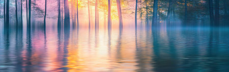Soft pink and yellow colors reflect on the still water, creating a magical atmosphere in a tranquil forest at dawn. Trees stand tall, shrouded in mist, enhancing the peaceful setting.の素材