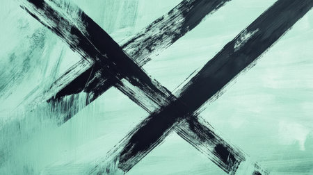 Bold black strokes intersect on a pastel mint background, creating a dynamic and minimalistic artistic expression. The colors blend seamlessly, evoking a sense of calm.の素材