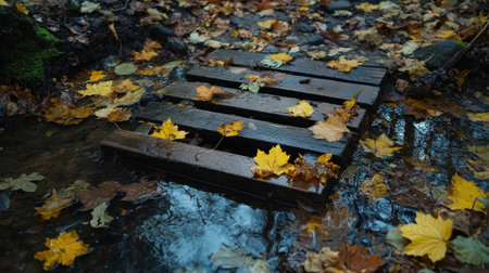 A charming wooden bridge crosses a gentle stream, surrounded by fallen autumn leaves. The vibrant yellow leaves float on the water, creating a picturesque view of nature.の素材