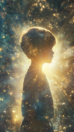 A child stands peacefully in silhouette, surrounded by a halo of golden light as it filters through trees at dusk. The enchanting atmosphere evokes tranquility and wonder.の素材