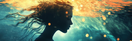 A woman is immersed in water, her silhouette illuminated by warm light. The serene scene captures flowing hair and ethereal bubbles, creating a magical and tranquil ambiance.の素材