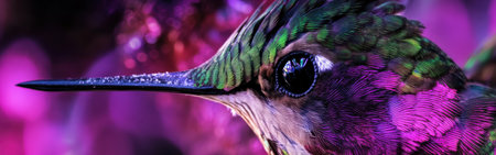 Capturing the delicate features of a hummingbird, the image reveals stunning iridescent plumage reflecting various colors. This close perspective highlights the beauty of nature's design.の素材