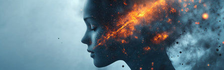 This artwork presents a man's profile filled with vivid flames and swirling clouds, symbolizing creativity and the power of imagination. The mystical depiction invites reflection on thought processes.の素材