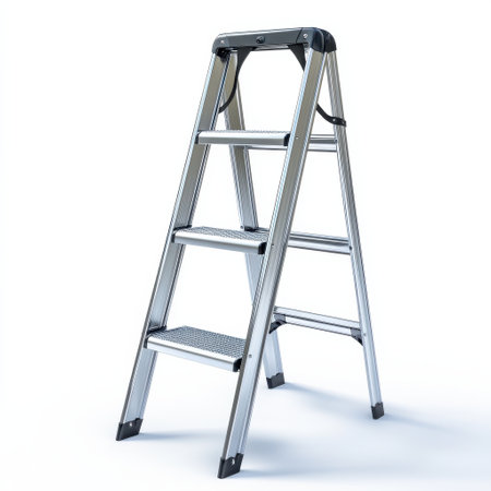 A single step ladder made of durable metal is positioned securely. Its runs offer stability for reaching high places during indoor or outdoor tasks. Ideal for home improvement and maintenance.の素材