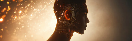 A captivating profile of a man, intricately filled with mystical and technological patterns, emanating a warm glow that enhances the enchanting atmosphere.の素材
