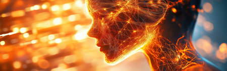 A surreal representation showcases a woman's profile illuminated by a mesmerizing glow. The surrounding light beams create a captivating atmosphere during twilight, emphasizing grace and beauty.の素材