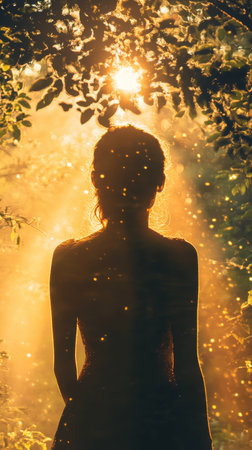 A woman stands gracefully, silhouetted against the soft glow of the sun filtering through trees. Golden light sparkles around her, creating a tranquil atmosphere in nature.の素材