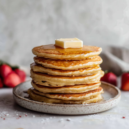 Fluffy buttermilk pancakes stacked high on a plate are topped with a pat of butter, glistening with rich syrup. Fresh strawberries are placed nearby, adding color and freshness to the breakfast.の素材