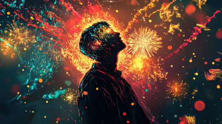 A man's silhouette stands against a dark backdrop, illuminated by vivid bursts of color and light, reminiscent of fireworks and festivities. Joyful energy fills the atmosphere.の素材